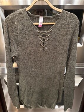 Olive Lace-Up Knit Pullover Top - NWT